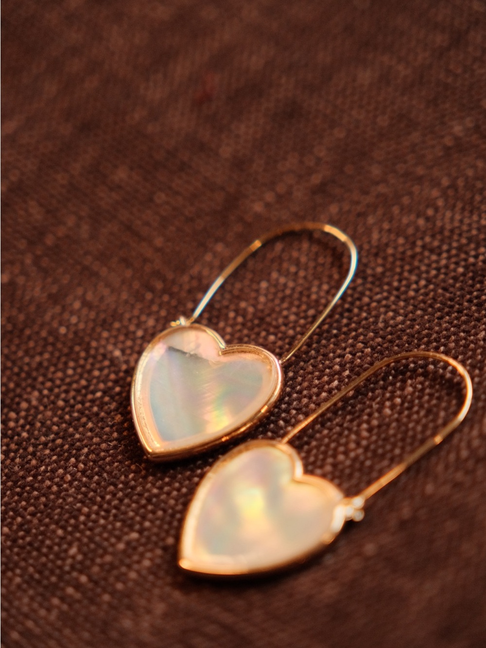 Mother of Pearl Heart Hoop Earrings Gold Bezel Drop Iridescent Trendy Minimalist